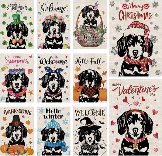 Seasonal Garden Flags Dachshund Double Sided Flags Set of 11 Holiday Farmhouse Indoor Outdoor Yard Lawn Christmas Gifts Decorations 12.5x18 Inch