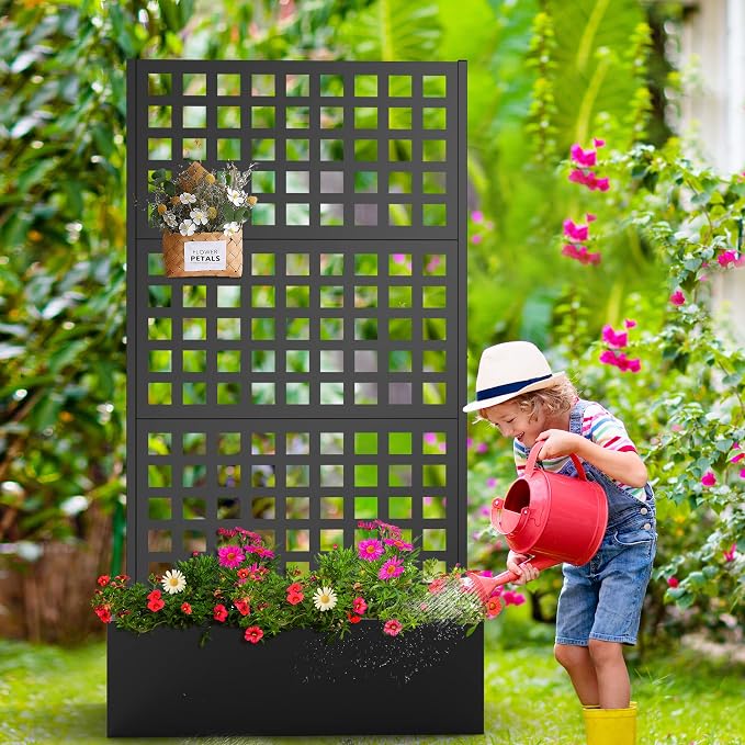 Elevens Metal Planter with Trellis, Trellis with Planter Box & Privacy Screen, Outdoor Raised Garden Bed for Climbing Plants, Trellis Planter Box with Drainage Hole (71"x35"x16")