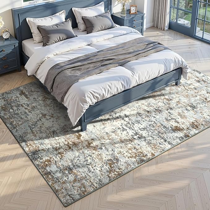 Toneed Abstract Area Rug Modern Washable Rug Soft Non Slip Rug Low Pile for Bedroom Living Room Dining Room Brown/Grey 5x7 Feet