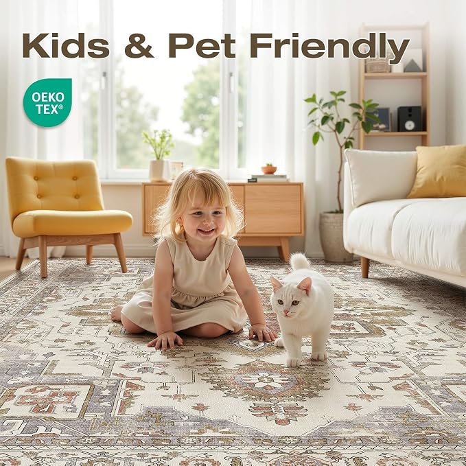 Vintage Washable 9x12 Area Rug for Living Room, Golden Taupe | Soft Low Pile Rug with Non-Slip Backing, Stain Resistant for Bedroom or Dining Room, Kid & Pet Friendly
