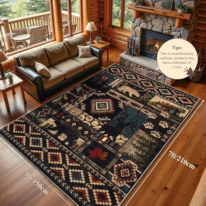 LOKHOM 5x7 Rustic Bear Area Rug, Washable Southwestern Lodge Cabin Rug | Bear Pattern, Non-Slip, Low Pile, Soft Vintage Wildlife Accent Floor Carpet, For Living Room Bedroom Dining Room Nursery