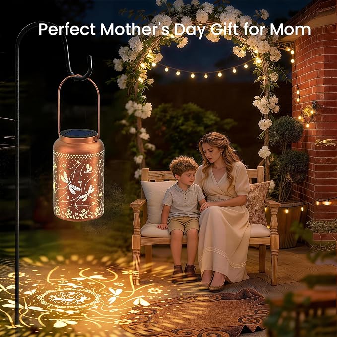 JEJOT Dragonfly Solar Lanterns Outdoor Waterproof, Mothers Day Gifts, Birthday Gifts for Women Mom Grandma,Metal Hanging Solar Lantern for Yard,Garden,Porch Landscape Deconrations-2 Pack