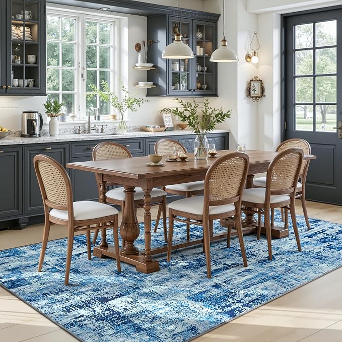 Toneed Washable 5x7 Area Rug with Non-Slip Backing for Living Room | Abstract Modern Rugs, Soft Low Pile Carpet for Bedroom Kitchen Dining Room Nursery Indoor Floor Office Home Decor, Denim Blue