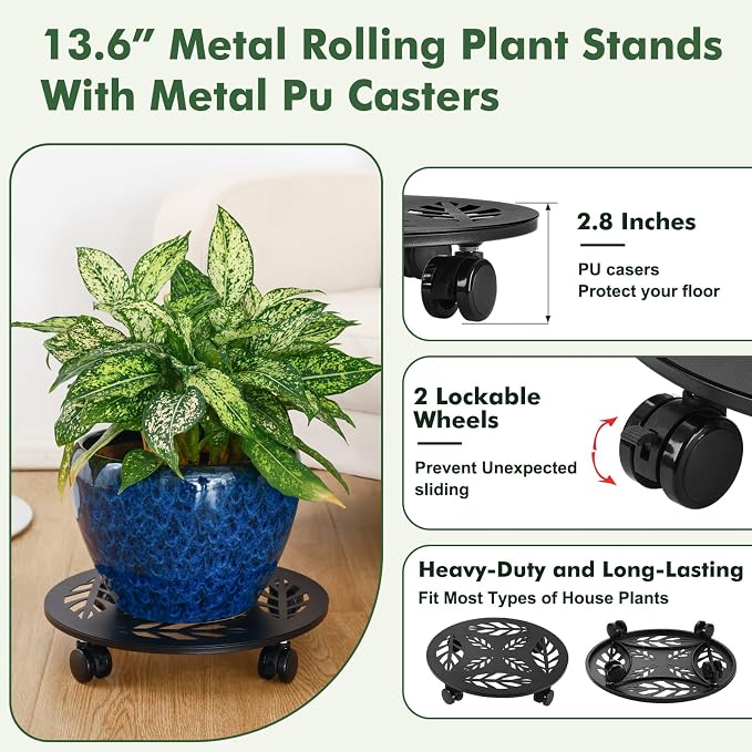 Planterhoma 3 Packs 14 Inch Rolling Plant Stand with Wheels Metal Plant Caddy with Wheels Heavy Duty Plant Rollers with Wheels Round Wrought Iron Plant Stand with Clear Saucers, Matte Black
