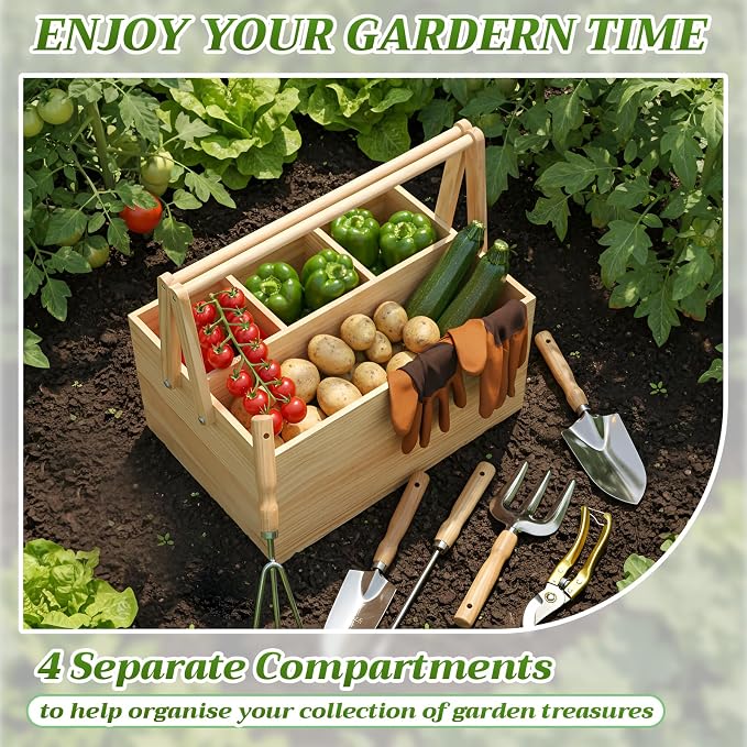 Remerry 8 Pcs Gardening Tools for Women Harvest Basket Vegetables with Handles Wood Stainless Steel Tool Kit Garden Caddy Spring Harvesting Basket Gift for Mother Gardening Lovers Enthusiast Planting