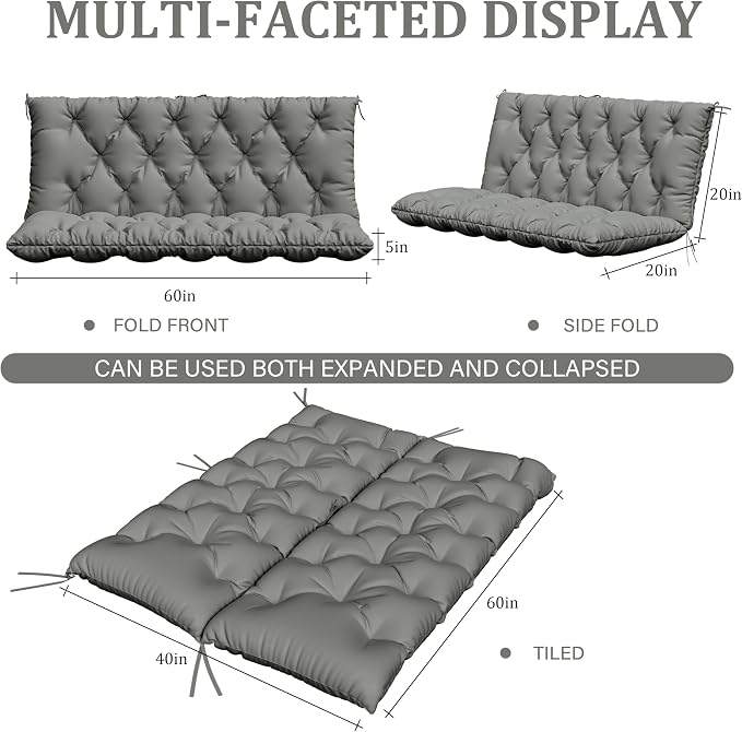 Porch Swing Cushion with Backrest,Waterproof Bench Cushion for Outdoor Furniture,2-3 Seater Replacement Thickened 5 in swing cushion,with Ties,Patio,Outdoor,Backyard and Garden (Light Grey,60x40 in)