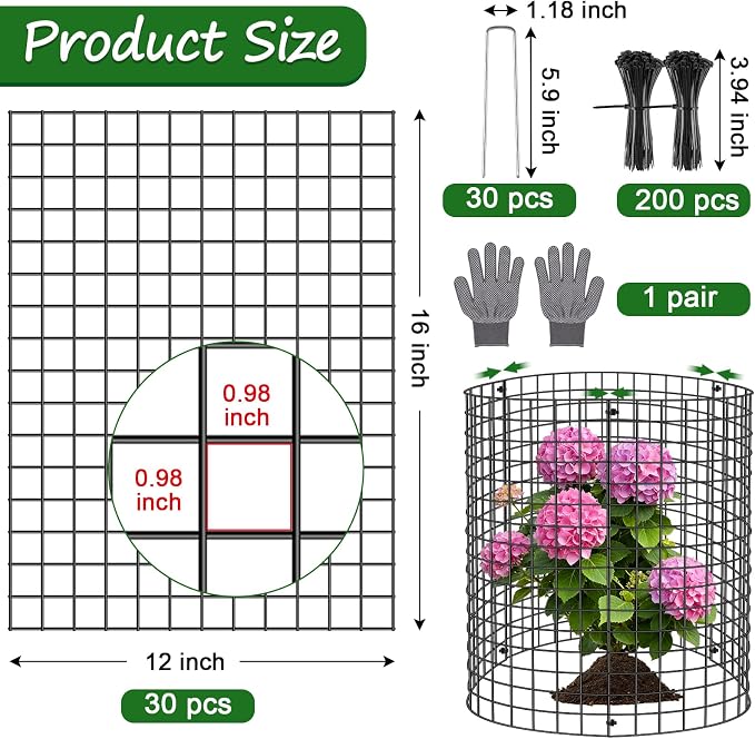 30 Pcs Plant Protectors from Animals, 16x12 Inch Large Metal Plant Cages Chicken Wire Cloche with Zip Ties and Stakes to Keep Animals Out, Garden Vegetables Shrubs Protection Bunny Barricades