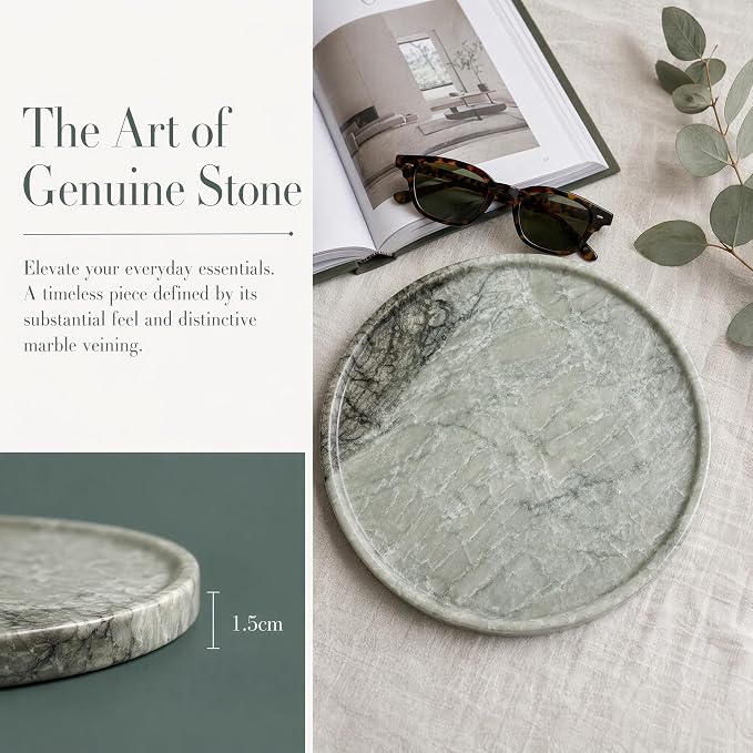 Real Natural Marble Round Tray 10.2in Solid Stone Decorative Plate | Luxury Light Green Marble Decor Tray for Candle, Jewelry, Plant. Food-Safe Solid Stone Serving Dish with Unique Veining