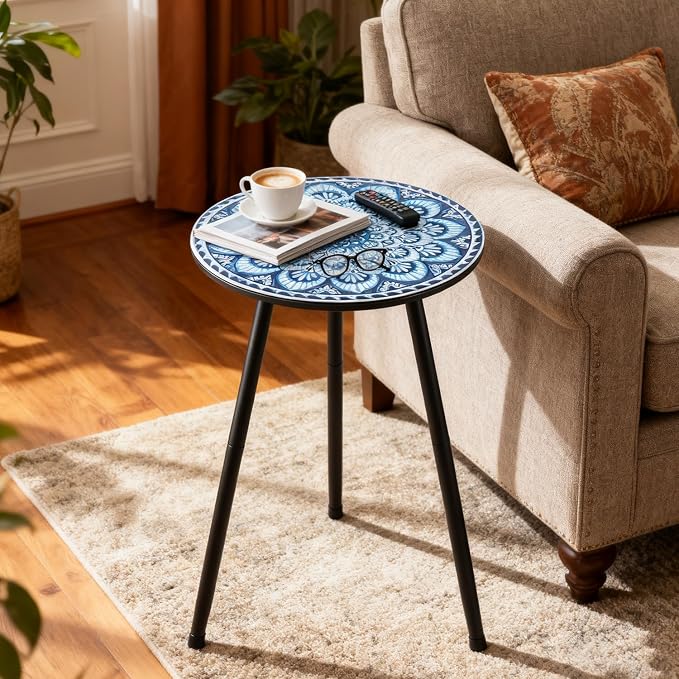 1 Pack Metal Mosaic Round Side Tables 13.4" Small Outdoor Patio Round Accent Coffee Tables Indoor Corner Stand for Small Spaces Weather-Resistant for Balcony, Porch Plant Stands Indoor, Light Blue