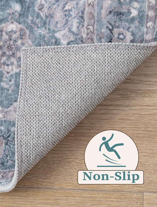 SERISSA 2x5 Washable Non Slip Floral Boho Runner Rug for Hallway | Ultra Soft Vintage Floral Carpet Low-Pile Blue Grey Indoor Mat Throw Rug for Kitchen Bedroom Bathroom Laundry Living Room