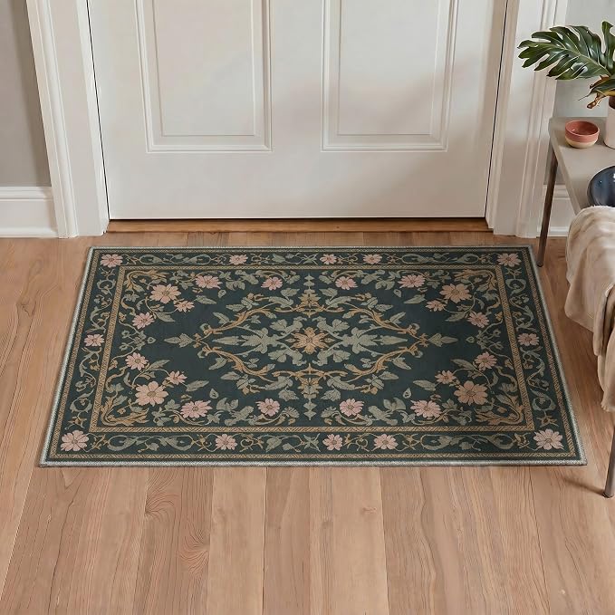 8X10 Living Room Area Rug, Boho Oriental Floral Washable Non Slip | Floral Vintage Rug for Bedroom Dining Room, Dusty Charcoal Soft Low Pile Faux Wool, Stain Resistant Non-Shedding Pet-Friendly