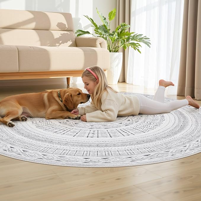 cotiled 6x6 Round Rug 6ft Circle Living Room Boho Area Rugs | Washable Foldable Indoor Carpet for Bedroom Home Office Dark Grey