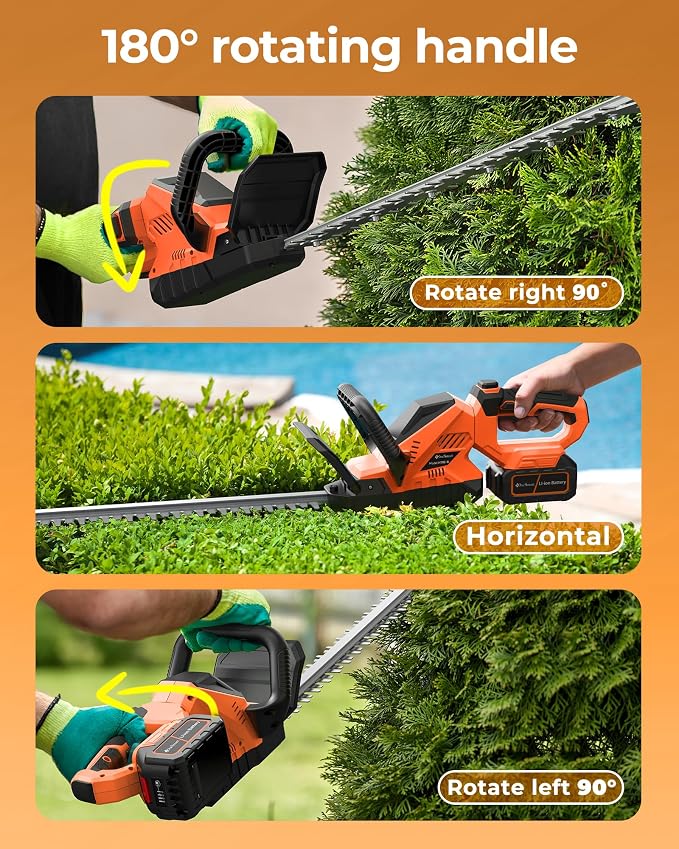 20'' Hedge Trimmers Cordless with 2pcs 4000mAh Battery, Brushless Electric Bush Clipper with Rechargeable Batteries, 3000RPM 180° Rotatable Head, 2/3'' Blade Gap Orange,Gifts for Father’s Day