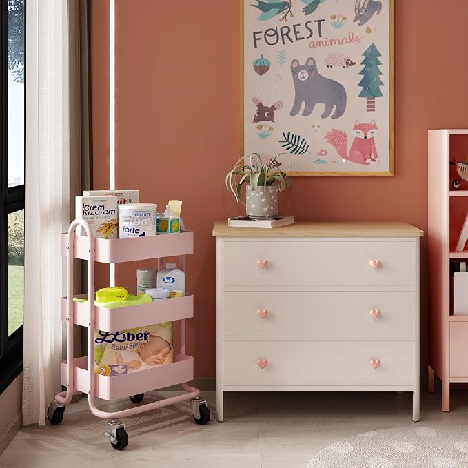 Metal Rolling Cart,3-Tier Pink Rolling Cart with Wheels,Metal Utility Cart with Wheels for Office,Home,Kitchen,Garden（13.4"x18.1"x31"） Pink