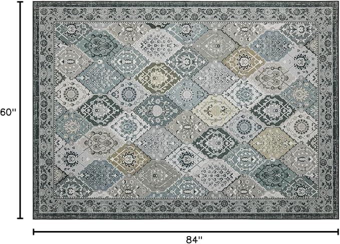 Phantoscope Washable Area Rug 5'x7' Non-Slip, Vintage Boho Rugs for Living Room, Bedroom, Dining Room, Distressed Moroccan Mosaic Diamond Pattern, Low-Pile Foldable Floor Carpet, Grey Charcoal