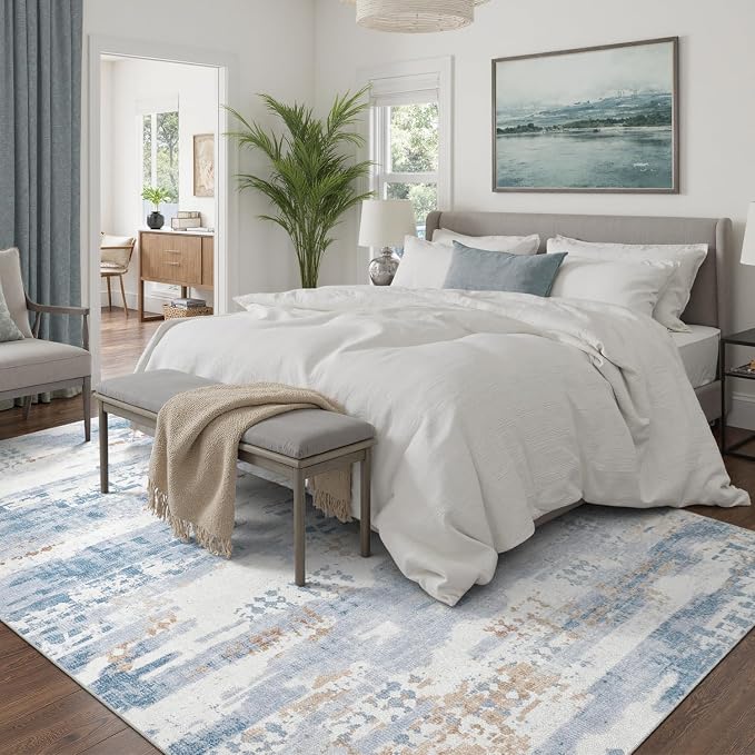 DCX Washable Abstract Area Rug 6x9, Non Slip Low Pile Rug, Blue | Easy to clean, non-shedding, soft, kid & pet friendly, with a non-slip rubber backing for living rooms, bedrooms, and offices