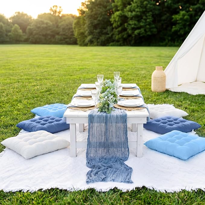 8 Pcs Fit for 6 People 91 x 71'' Extra Large Outdoor Picnic Blanket with Blue White Table Runner and Floor Pillow Cushion Fit for 6 People Picnic Wedding Birthday Baby Shower Backyard Decor
