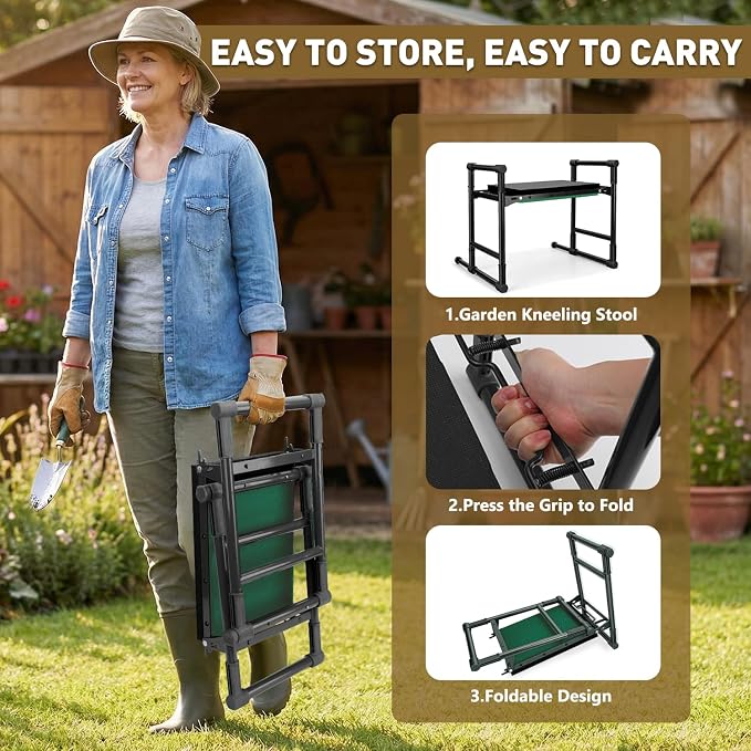 Garden Kneeler and Seat for Seniors – Heavy Duty Anti-Tip Gardening Stool with Widened Thick Soft Kneeling Pad, Foldable Garden Bench with Sturdy Handles, Gardening Gifts for Women Men Mom (Brown)