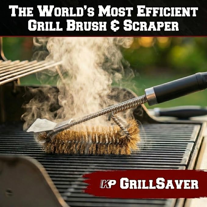 Kitchen Perfection Brass BBQ Grill Cleaning Brush and Scraper -GrillSaver | Safe Brass Wire Bristles for Porcelain & Ceramic Grates, Replaceable Head, Magnetic Hanger, Bottle Opener & 3 Ebooks