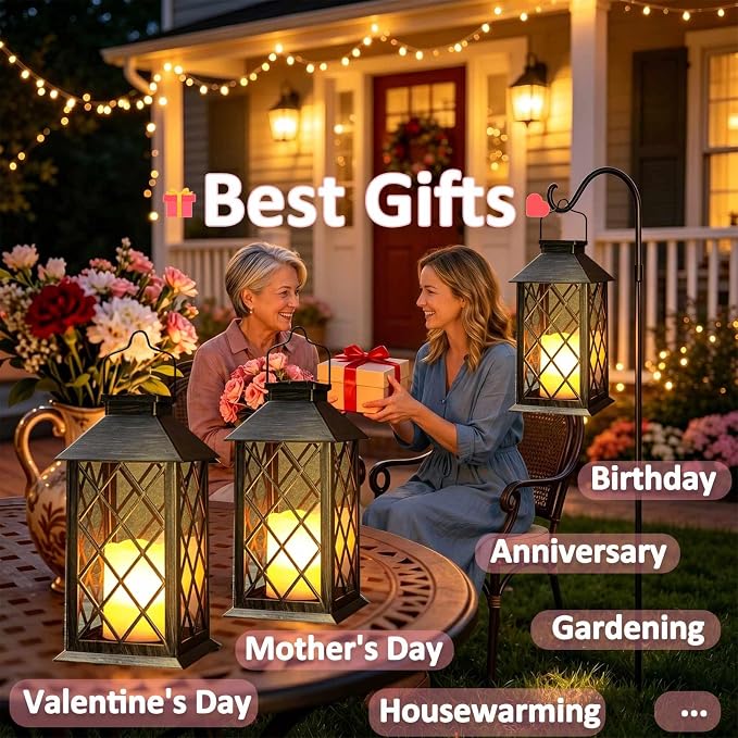 14" Large Solar Lanterns Outdoor Waterproof, Tempered Glass, Hanging Solar Lights with Flickering Flameless Candles, Retro Solar Lantern for Wall Porch Patio Table Garden Decorations, Bronze