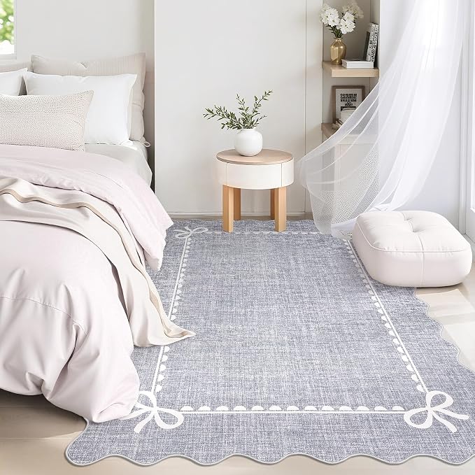 GarveeHome Scalloped Bow Rug 5x7 Washable Grey Rugs for Bedroom Living Room | Non Slip Soft Low Pile Indoor Carpet for Nursery Girls Bedroom Decor Hallway Kids Room College Dorm Playroom