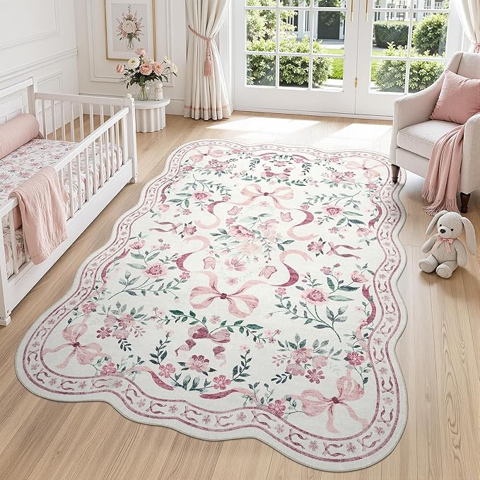 DCX Scalloped Washable 4x6 Bow Rug, Pink Floral Rug for Girls’ Bedroom, Cute Soft Low Pile Indoor Décor Carpet, Kid & Pet Friendly Nursery Rug for Living Room, Dorm, Playroom