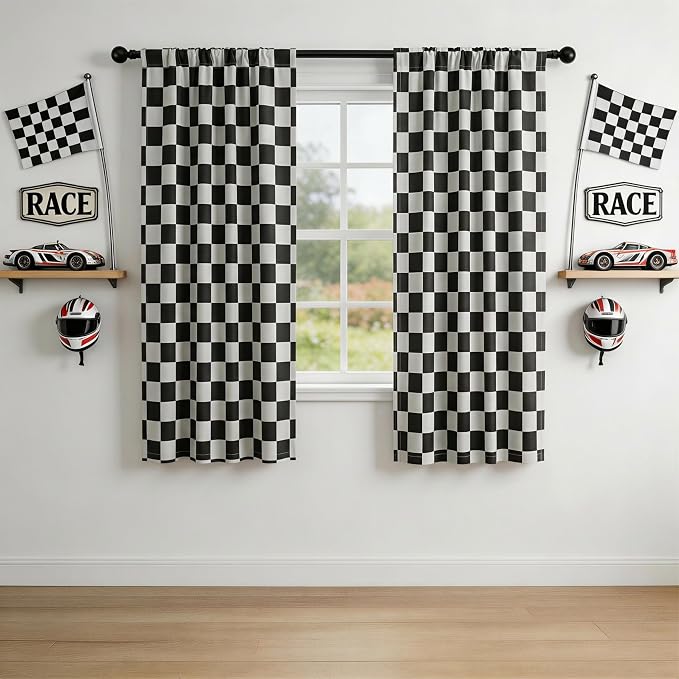 Rod Pocket & Back Tab Checkered Curtains, 100% Blackout, Race car Flag Checkerboard Curtains, Thermal Insulated, Noise Reducing, 3-inch Checkered, 2 Panels, Each W42×L63