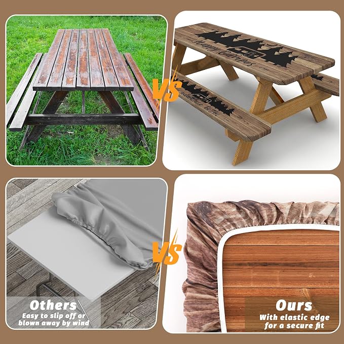 Picnic Table Cover with Bench Covers Elastic Edges Camping Essentials 4 Pcs Wood Grain Waterproof Oil-Proof Tablecloth with Handbag for RV Accessories Farmhouse Camping Rustic Party Decor 72 IN