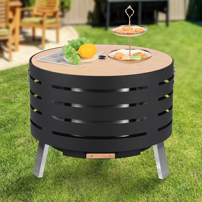 Garvee Smokeless Outdoor Fire Pit – 360° Airflow, Removable Ash Pan, Bamboo Lid, Rainproof Cover – Low Smoke Traditional Stove – 30 Inch Size – Ideal for Patio, Backyard, Camping – Size: 30 Inch