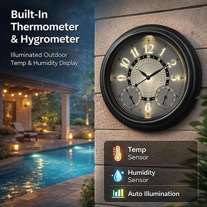 Pytha Sight Illuminated Large Metal Outdoor Clocks Waterproof 18 Inches With AI Auto Light Smart Sensor,Extra Big Indoor Outdoor Wall Clocks With Thermometer & Hygrometer for Patio, Pool, Garden,Porch