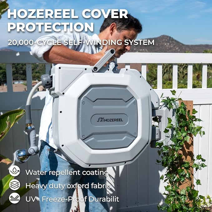 1/2" x 100+6 FT Heavy Duty Retractable Garden Hose Reel by HOZEREEL, Outdoor Garden Hose Reels - Self Retract Wall Mount Hose Reel Automatic Storage, Any Length Lock, 10 Pattern Nozzle Grey