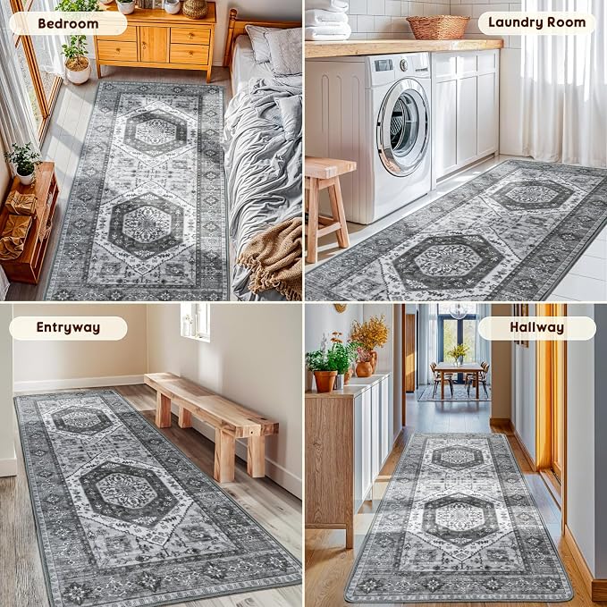 LBRO2M Machine Washable Rug Soft Pet Friendly Carpet 2X6 Dark Gray | Persian Runner Rug 2X6 for HallWay, Bedroom, Kitchen, Laundry Room, Non Slip Carpet, Foldable Stain Resistant Rugs