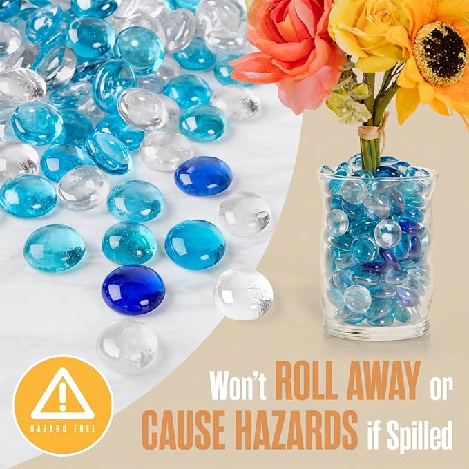 Houseables Glass Beads for Vases, Marbles for Vases, Glass Marbles, Blue & Clear Beads, Flat, Blue & Clear Gems, Filler, Crafts, Pebbles, Stones, Decorative Rocks, Plants, Flower, Fishbowl, 5LB, 500PC