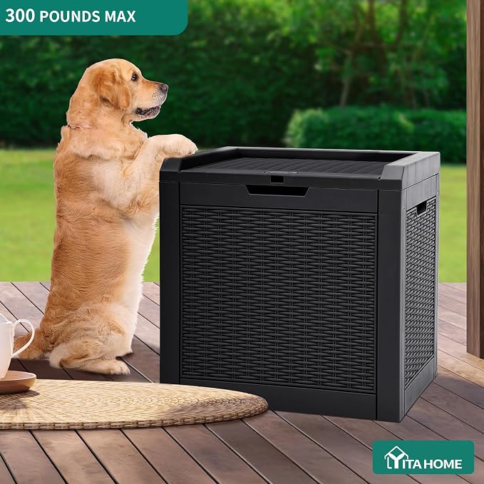 YITAHOME 32 Gallon Rattan Deck Box, Indoor Outdoor Storage Box for Patio Furniture, Pool Accessories, Cushions, Garden Tools, Sports Equipment, Waterproof Resin with Lockable Lid & Side Handles, Black