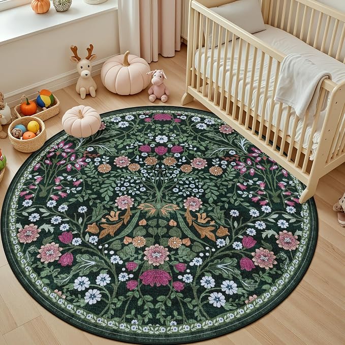 PLHXFR Round Area Rug Living Room: 4 ft Floral Washable Carpet Dark Green | For Bedroom Dining Room Farmhouse Nursery Hallway,Vintage Floral,Machine washable,Non Slip,Stain Resistant,Large Indoor
