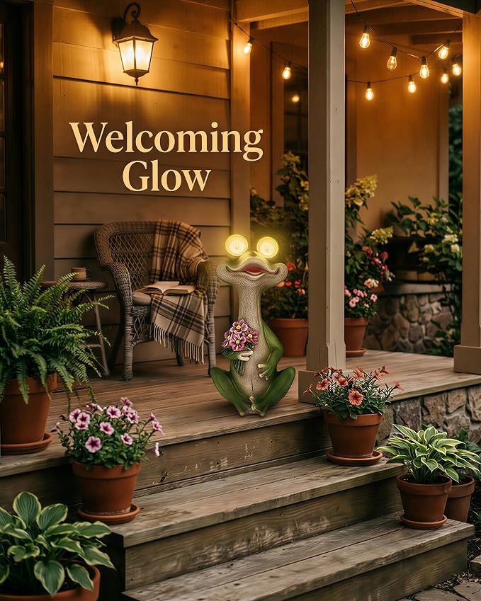 iStatue Solar Frog Garden Statue with Blinking Light-Up Eyes, Resin Outdoor Garden Decor Frog Holding Flowers, Waterproof Animal Figurine for Patio Lawn Yard Porch Balcony (Green)