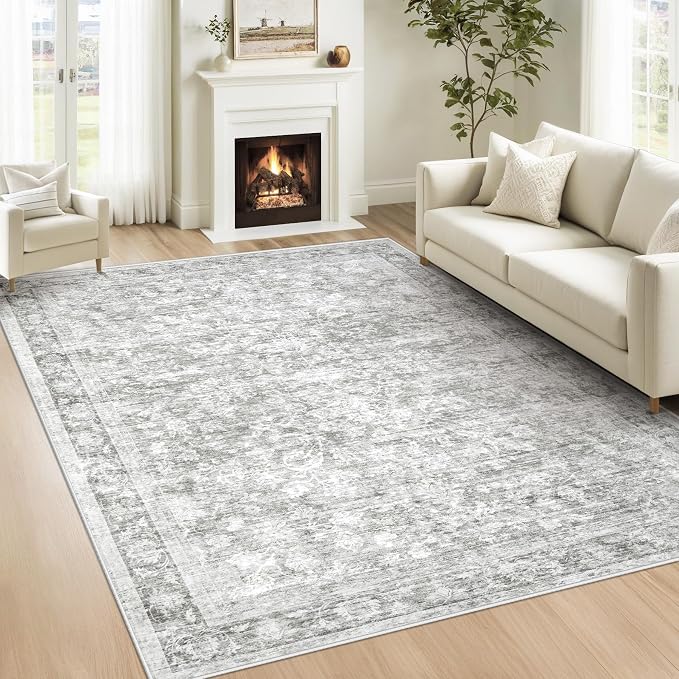5x7 Area Rugs for Living Room: Washable Vintage Floral Rug Low Pile Non-Slip Boho Carpet for Bedroom Nursery Dining Room (Grey, 5'x7')