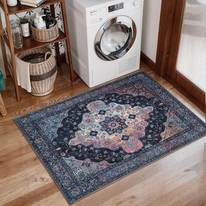 Tangsoo Vintage 2x3 Washable Rugs for Entryway, Non Slip Small Rug Blue | Oriental Indoor Front Door Rug, Boho Soft Low Pile Door Mat Small Carpet Throw Rugs for Entry Entrance Kitchen Bedroom Decor