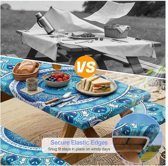 Picnic Table Cover with Bench Covers Camping Essentials Waterproof Windproof Camping Tablecloth with Drawstring Bag, Fitted Rectangle Tables and Seats, 72in, Air Superiority Blue