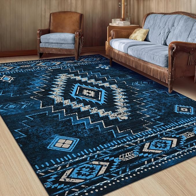Yinhua Western Living Room Rug 5x7, Low-Pile Washable Rug for Bedroom | Aztec Blue Rugs Non-Slip with Rubber Backing, Soft Non-Shedding Carpet for Dining Table Office Nursery