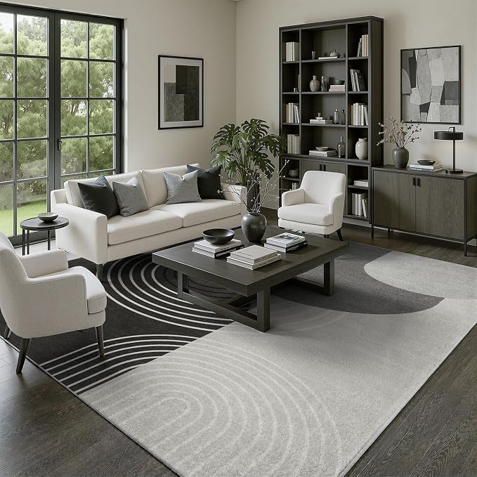 DCX Abstract Washable 6x9 Rug, Non Slip Low Pile Rug, Black Gray | Rugs for living room, bedroom, dining room, office, soft, mid century modern rug, sain resistant indoor carpet, home decor