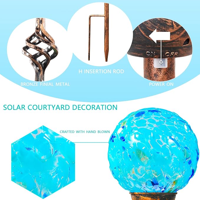 Garden Solar Lights Outdoor, Decorative LED Honeycomb Glass Ball Garden Stake, Glass and Metal Outdoor Decoration, 4 x 31 Inch (Light Blue)