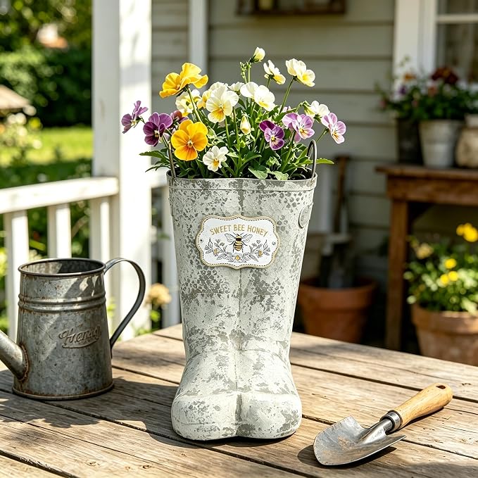 Vintage Metal Planters with Handle Distressed Decor Rustic Farmhouse Flower Pot with Sweet Bee Honey Emblem, Indoor/Outdoor Decorative Plants Buckets for Wedding Home Garden Patio Decor
