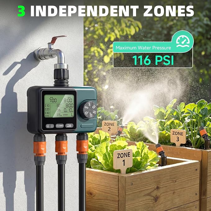 3 Zone Sprinkler Timer,3 Custom Watering Plans Hose Time, IP65 Waterproof, Rain Delay Manual & Automatic Watering with Large LCD for Yard Lawn Outdoor