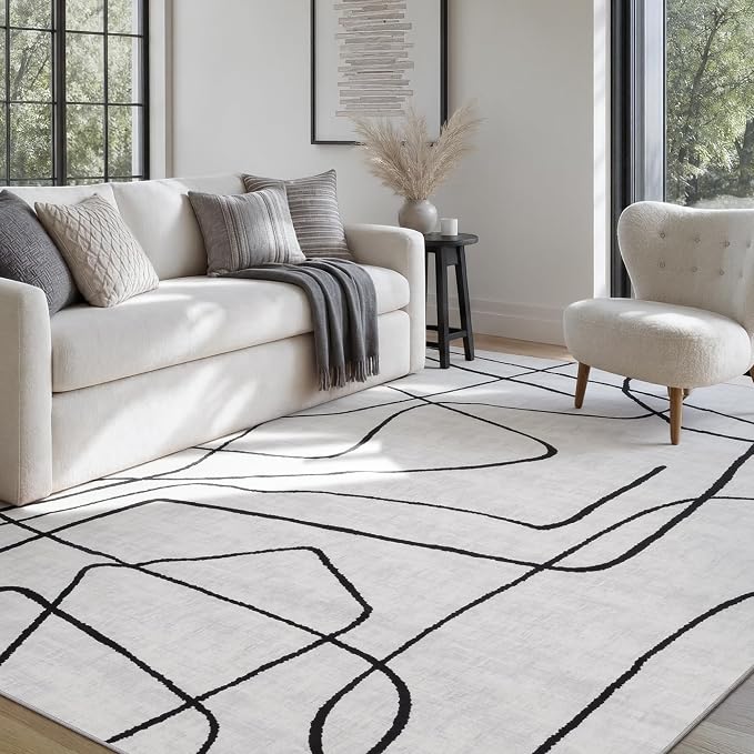 6x9 Washable Modern Abstract Black White Area Rug | Ultra-Thin Low Pile, Non-Slip TPE Backing, Soft Stain Resistant, Machine Washable, for Bedroom Livingroom High Traffic