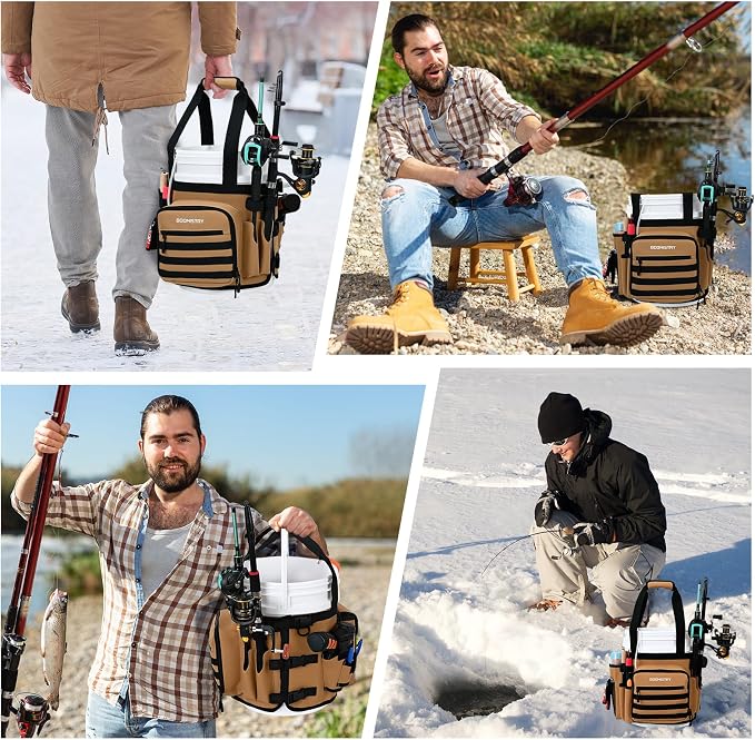 Boomistry Fishing Bucket Organizer for 5 Gallon Bucket, Khaki | 15 Multi-Pockets, 4 Built-in Rod Holder Storage, 3 Adjustable Buckles, for All Fishing Gear & Tackle Accessories