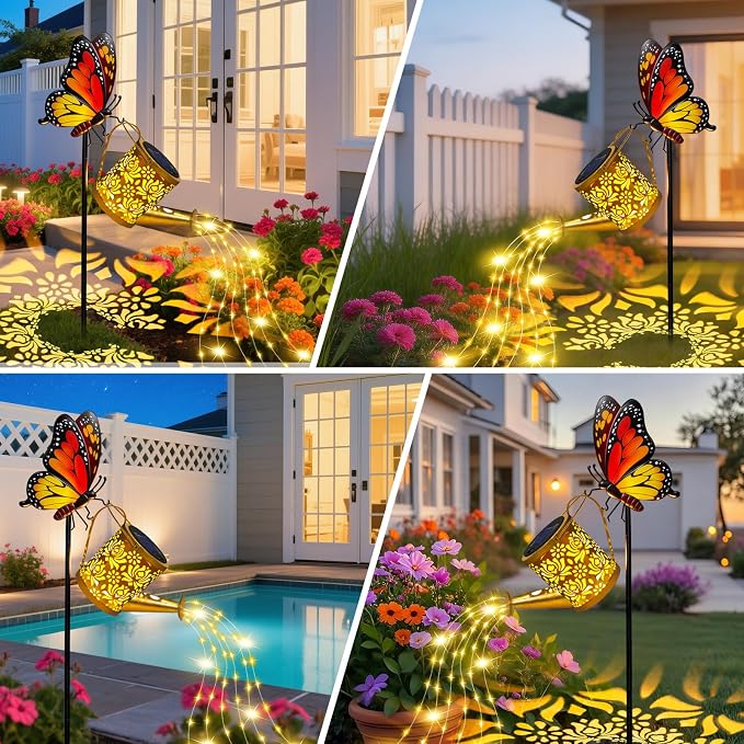 Solar Lights Garden Decor, Waterproof Solar Watering Can with Butterfly Garden Stakes, Outdoor Light with Cascading Lights for Outside Patio Lawn Porch, Birthday Gift for Women Mothers Day