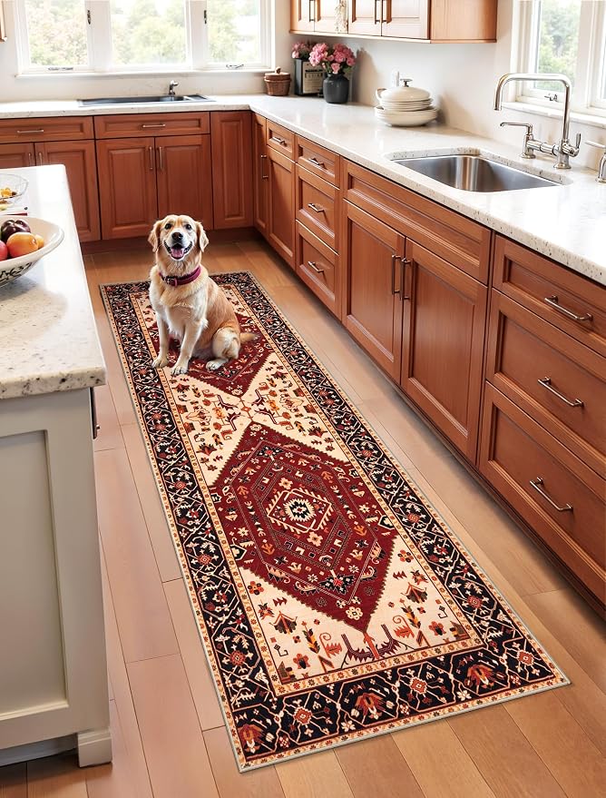 SERISSA 2x6 Washable Non Slip Boho Runner Rug for Hallway，Red Black | Ultra Soft Vintage Oriental Carpet Low-Pile Distressed Tribal Floor Carpet for Kitchen Bedroom Bathroom Laundry Living Room
