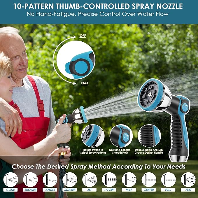 FlexiSolve Garden Hose 50 ft, Non-Expandable Lightweight Water Hose, 360° Swivel Anti-Kink Fittings, 10-Pattern Spray Nozzle & Shut-Off Valve, Flexible Water Hose for Yard, Lawn, Car Wash, Blue