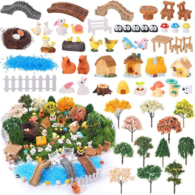 87 PCS Miniature Fairy Garden Accessories Kit with Moss & Trees Micro Landscape Ornament Village Set Resin Animal Figurines for Terrarium Bonsai Succulent Dollhouse Decor